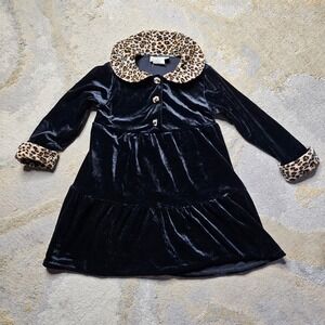 SWAT Velvet Dress Girls Size 5 Black Leopard Print Collar Cuffs Long Sleeve